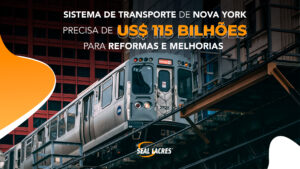 Um trem representando que o sistema de transporte de Nova York precisa de US$ 115 bilhões para reformas e melhorias